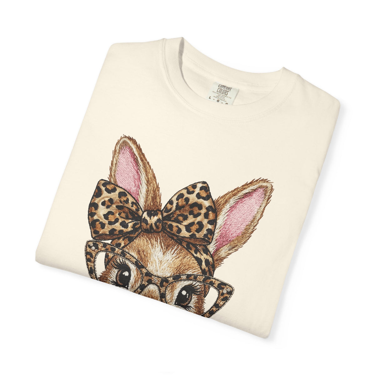 Bunny with Leopard Bow and Glasses - Comfort Colors | Trendy Women's T-Shirt. Direct to Garment. Printed & Shipped in the USA. Unisex Sizes.