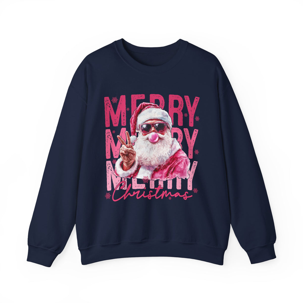 Pink Merry Christmas Bubblegum Santa – Gildan Heavy Blend | Trendy Women’s Soft Sweatshirt. Direct to Garment. Printed & Shipped in the USA. Unisex Sizes.