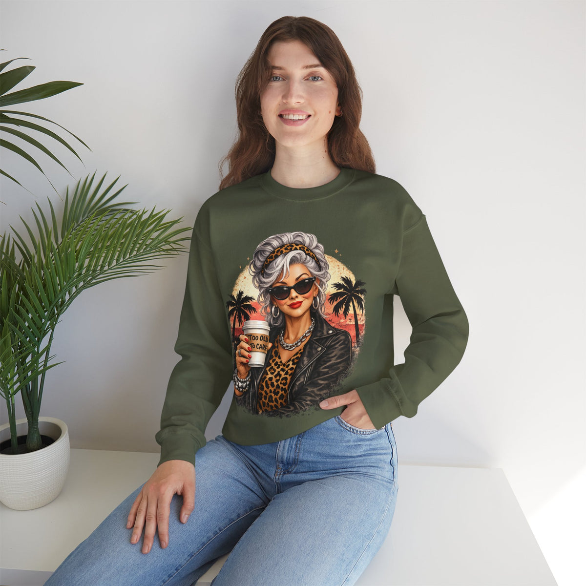 Too Old To Care, Fashionista Grandma – Gildan Heavy Blend | Trendy Women’s Soft Sweatshirt. Direct to Garment. Printed & Shipped in the USA. Unisex Sizes.