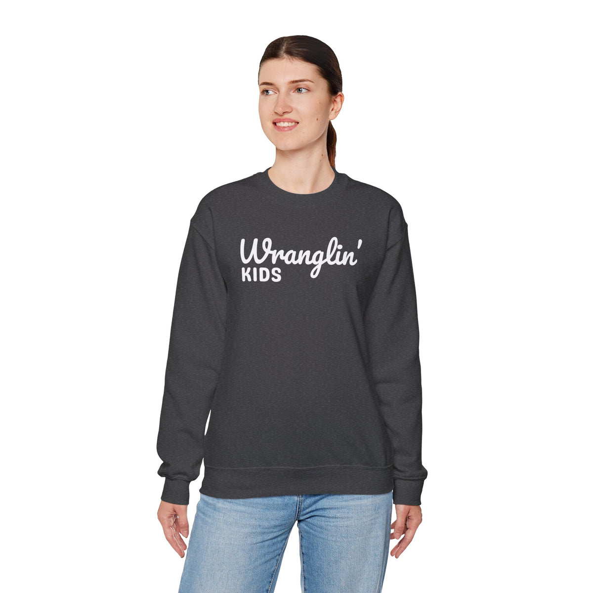 Wranglin' Kids Funny Mom Dad – Gildan Heavy Blend | Trendy Women’s and Men's Soft Sweatshirt. Direct to Garment. Printed & Shipped in the USA. Unisex Sizes.