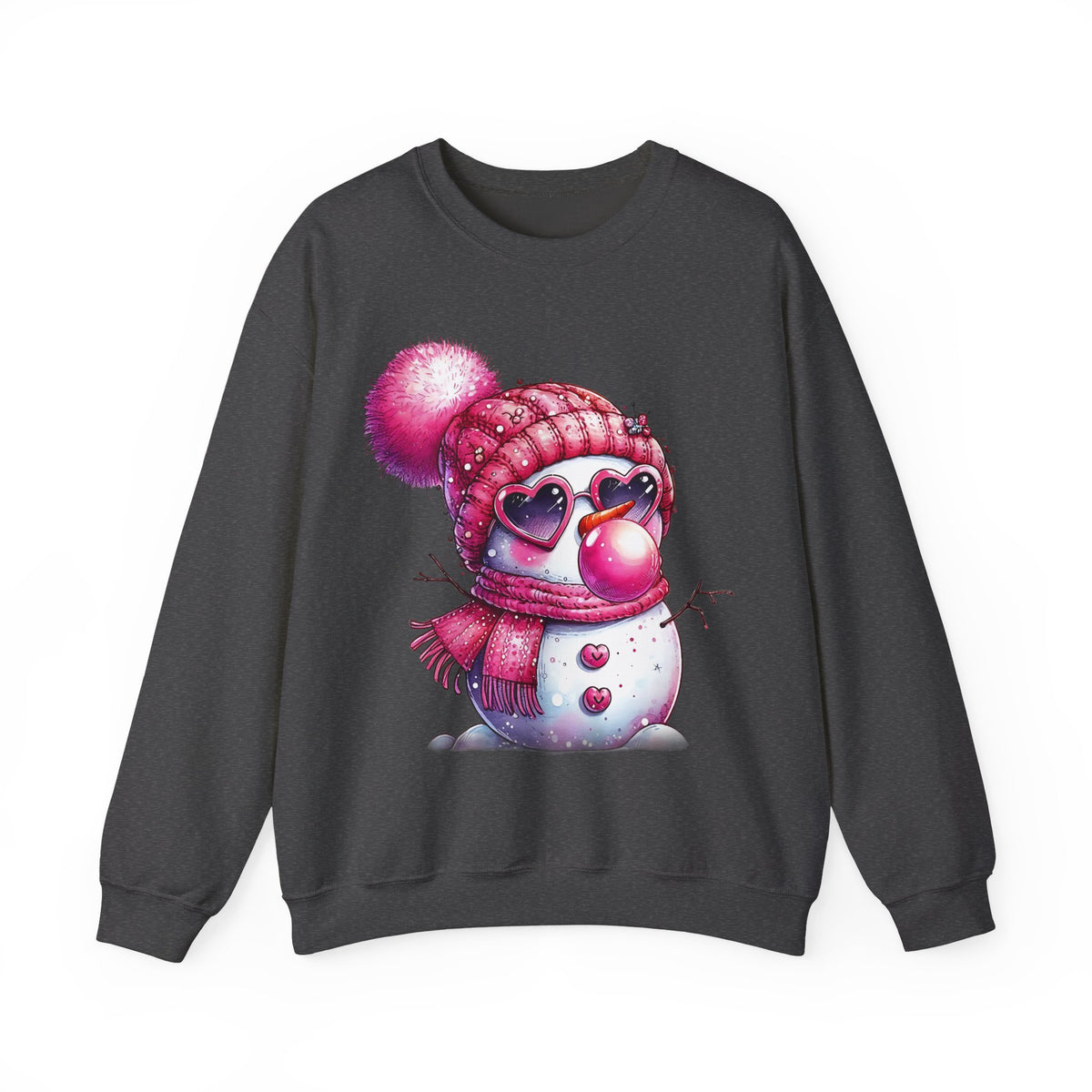 Pink Girly Snowman with Heart Sunglasses and Bubblegum - Winter – Gildan Heavy Blend | Trendy Women’s Soft Sweatshirt. Direct to Garment. Printed & Shipped in the USA. Unisex Sizes.