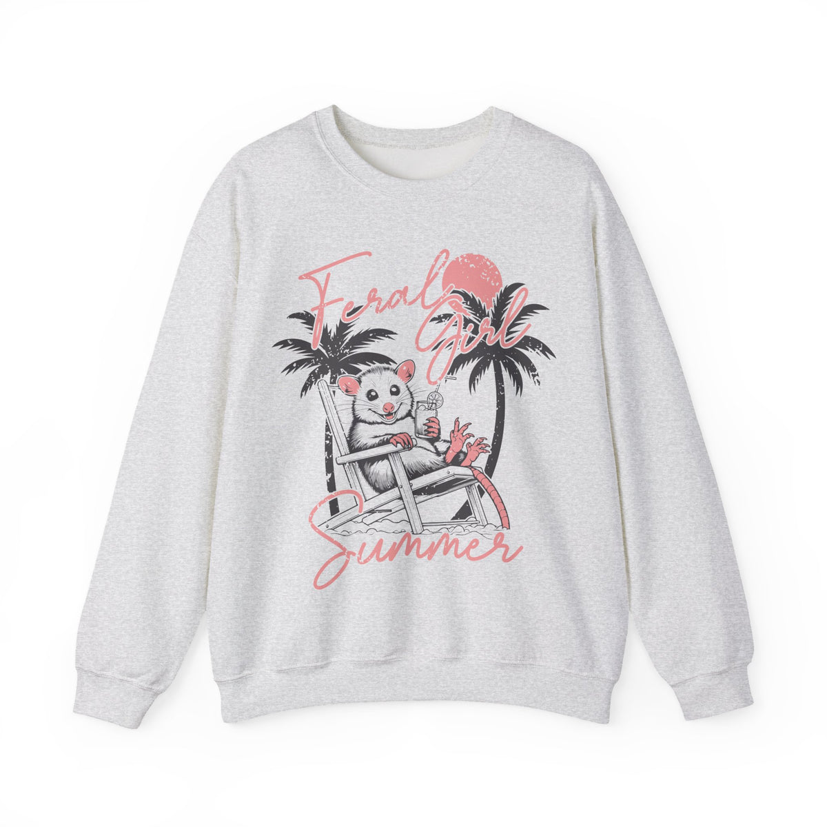 Feral Girl Summer, Possum on a Beach – Gildan Heavy Blend | Trendy Women’s Soft Sweatshirt. Direct to Garment. Printed & Shipped in the USA. Unisex Sizes.