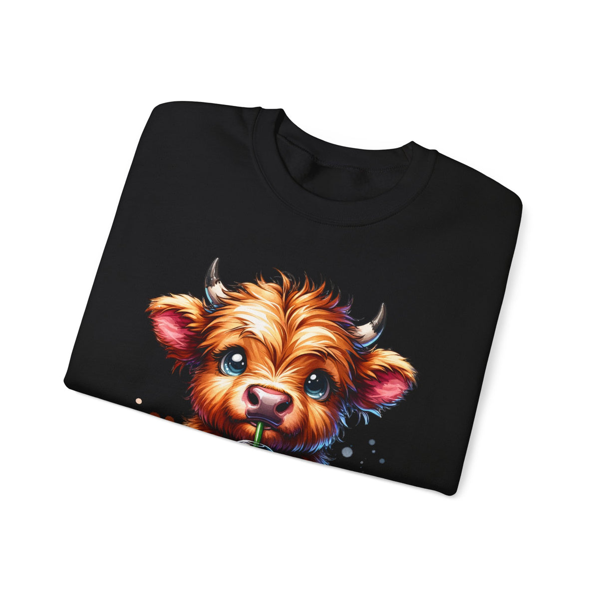 Coffee Addict Highland Cow Drinking Iced Coffee – Gildan Heavy Blend | Trendy Women’s Soft Sweatshirt. Direct to Garment. Printed & Shipped in the USA. Unisex Sizes.