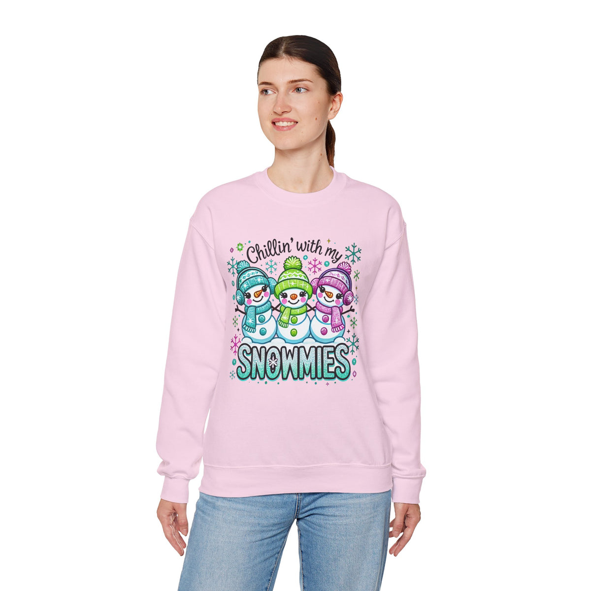 Chillin' With My Snowmies, Winter Snowman – Gildan Heavy Blend | Trendy Women’s Soft Sweatshirt. Direct to Garment. Printed & Shipped in the USA. Unisex Sizes.