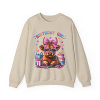 Birthday Girl, Highland Cow – Gildan Heavy Blend | Trendy Women’s Soft Sweatshirt. Direct to Garment. Printed & Shipped in the USA. Unisex Sizes.