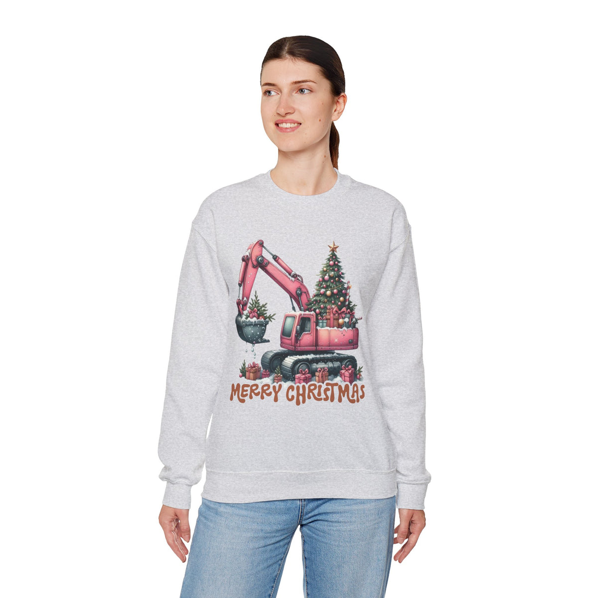 Excavator Merry Christmas Construction – Gildan Heavy Blend | Trendy Women’s Soft Sweatshirt. Direct to Garment. Printed & Shipped in the USA. Unisex Sizes.