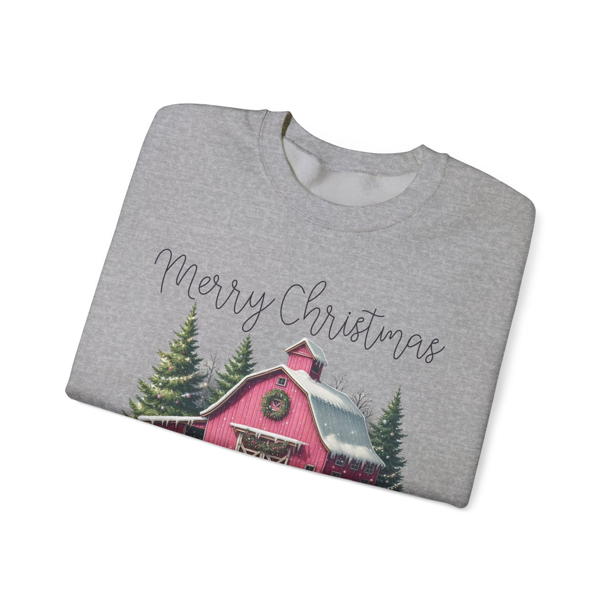 Merry Christmas Pink Barn Farm Animals – Gildan Heavy Blend | Trendy Women’s Soft Sweatshirt. Direct to Garment. Printed & Shipped in the USA. Unisex Sizes.