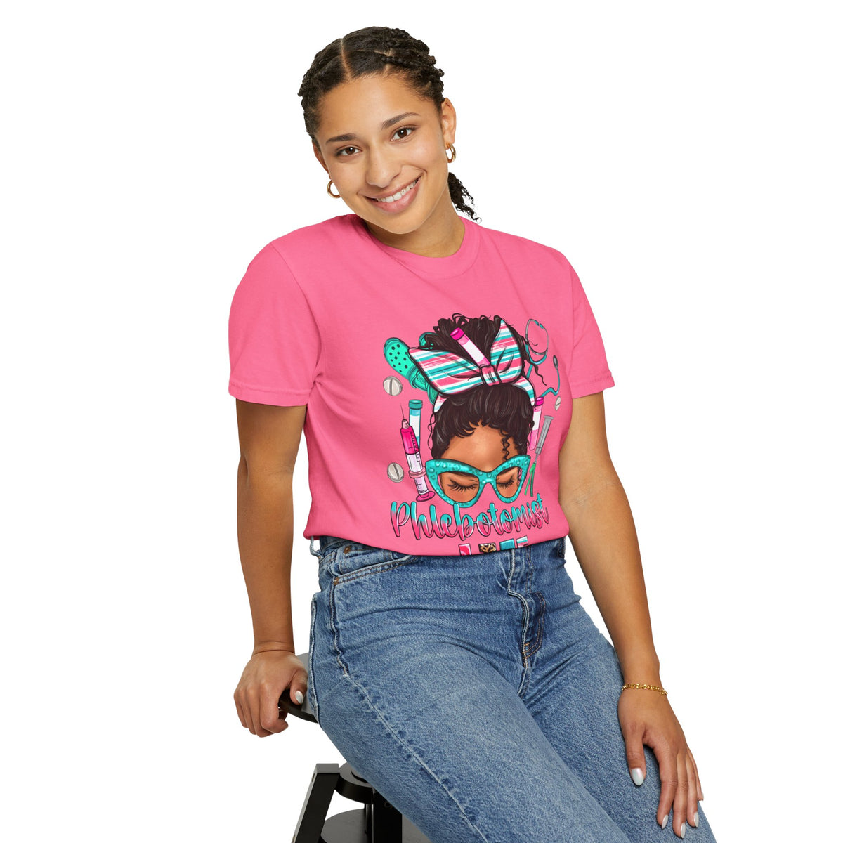 Phlebotomist Life, Messy Bun - Comfort Colors | Trendy Women's T-Shirt. Direct to Garment. Printed & Shipped in the USA. Unisex Sizes.