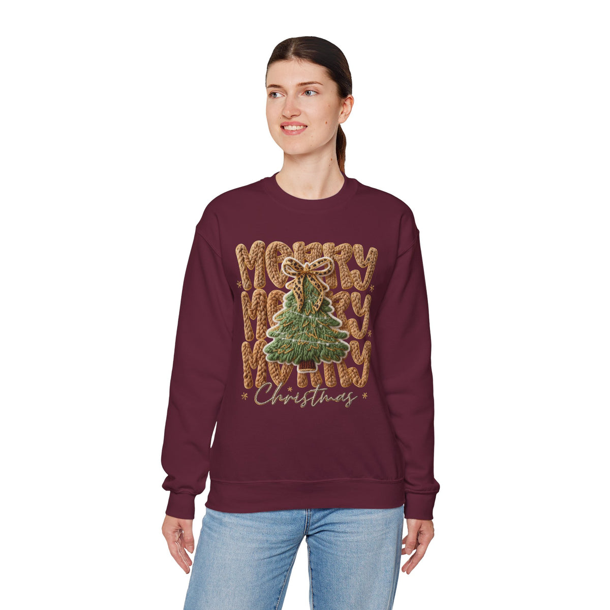 Merry Merry Merry Christmas, Faux Latch Hook Yarn – Gildan Heavy Blend | Trendy Women’s Soft Sweatshirt. Direct to Garment. Printed & Shipped in the USA. Unisex Sizes.