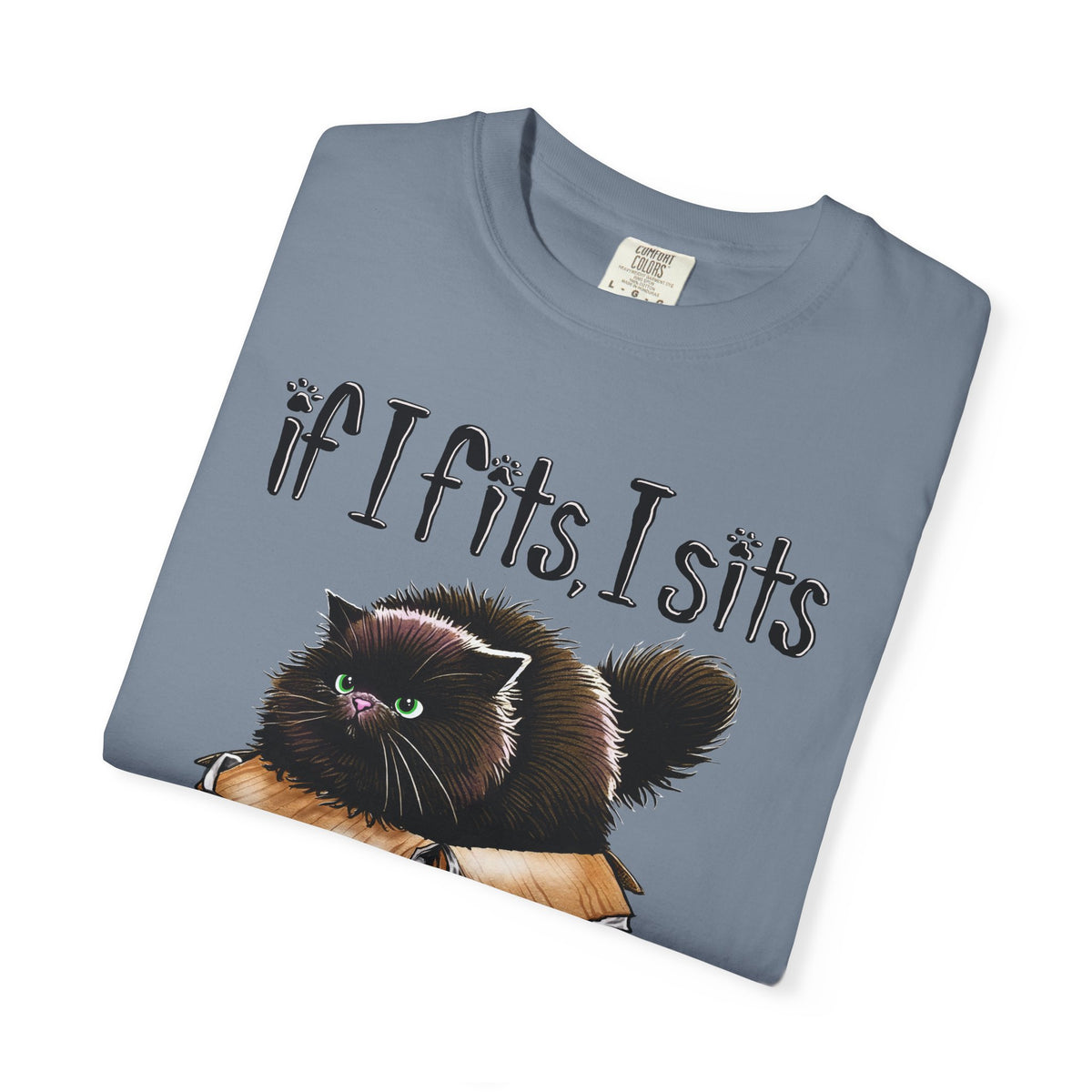 If I Fits I Sits, Cat in a Box - Comfort Colors | Trendy Women's and Men's T-Shirt. Direct to Garment. Printed & Shipped in the USA. Unisex Sizes.