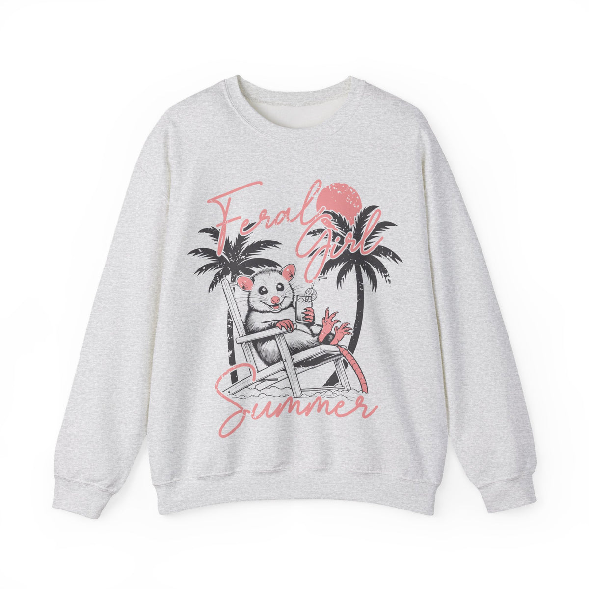 Feral Girl Summer, Possum on a Beach – Gildan Heavy Blend | Trendy Women’s Soft Sweatshirt. Direct to Garment. Printed & Shipped in the USA. Unisex Sizes.