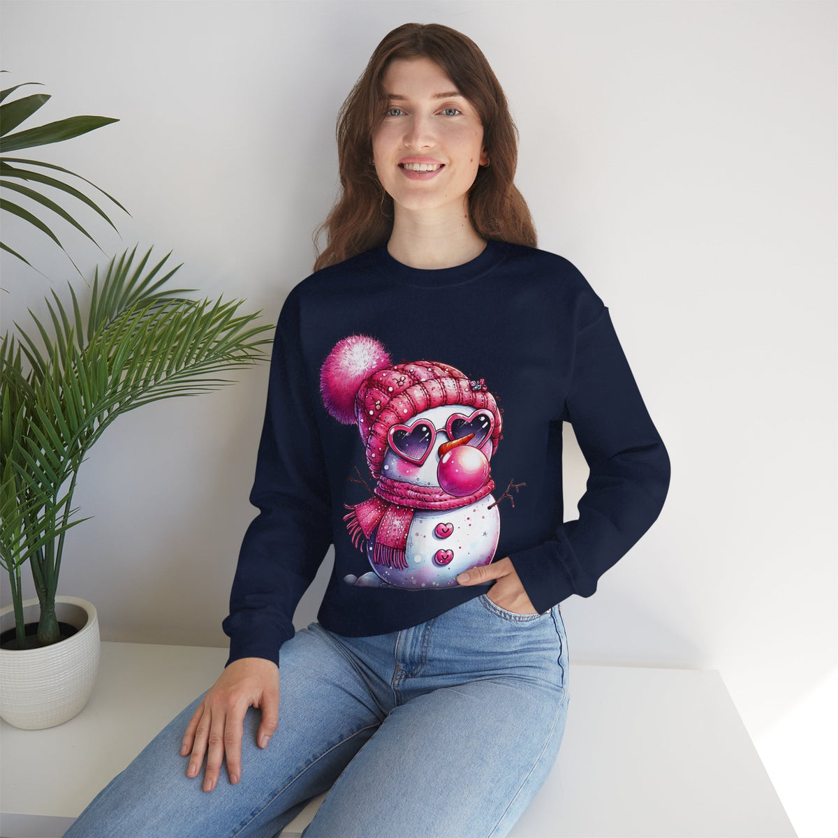 Pink Girly Snowman with Heart Sunglasses and Bubblegum - Winter – Gildan Heavy Blend | Trendy Women’s Soft Sweatshirt. Direct to Garment. Printed & Shipped in the USA. Unisex Sizes.