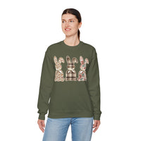 Easter Bunny Trio, Leopard, Plaid & Floral - Faux Pearl Outline – Gildan Heavy Blend | Trendy Women’s Soft Sweatshirt. Direct to Garment. Printed & Shipped in the USA. Unisex Sizes.