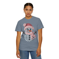 Cute Yarn Snowman - Pink Scarf - Comfort Colors | Trendy Women's T-Shirt. Direct to Garment. Printed & Shipped in the USA. Unisex Sizes.