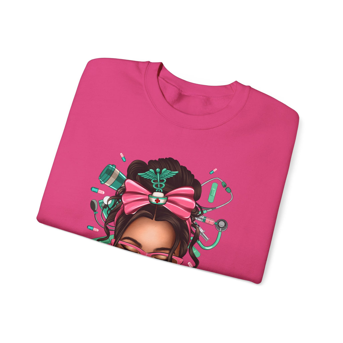 Nurse Life Messy Bun, Cute Stethescope & Syringe – Gildan Heavy Blend | Trendy Women’s Soft Sweatshirt. Direct to Garment. Printed & Shipped in the USA. Unisex Sizes.