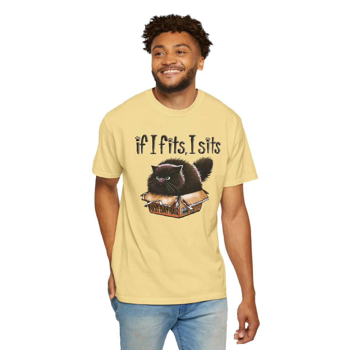 If I Fits I Sits, Cat in a Box - Comfort Colors | Trendy Women's and Men's T-Shirt. Direct to Garment. Printed & Shipped in the USA. Unisex Sizes.