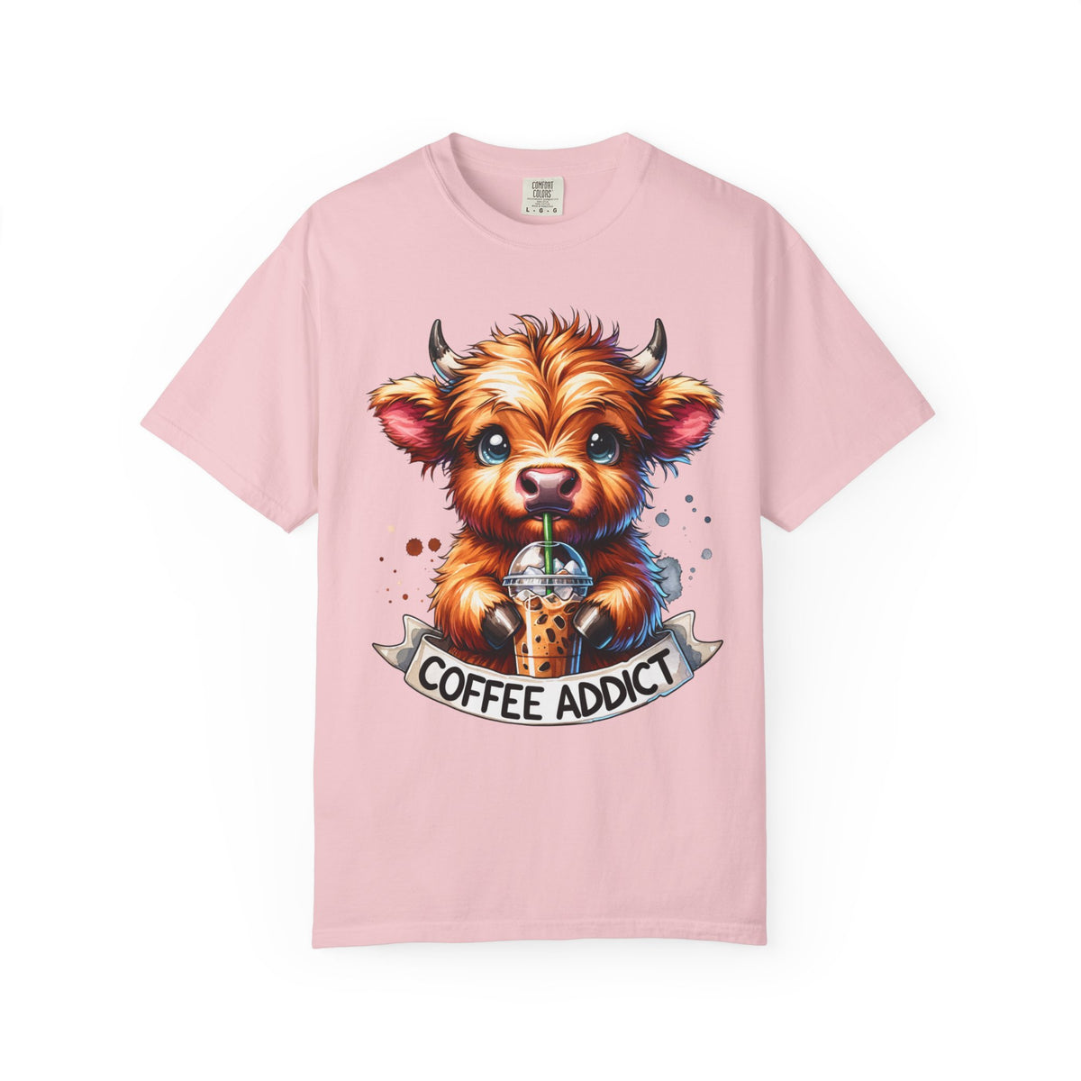 Coffee Addict Highland Cow Drinking Iced Coffee - Comfort Colors | Trendy Women's T-Shirt. Direct to Garment. Printed & Shipped in the USA. Unisex Sizes.