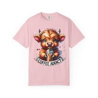 Coffee Addict Highland Cow Drinking Iced Coffee - Comfort Colors | Trendy Women's T-Shirt. Direct to Garment. Printed & Shipped in the USA. Unisex Sizes.