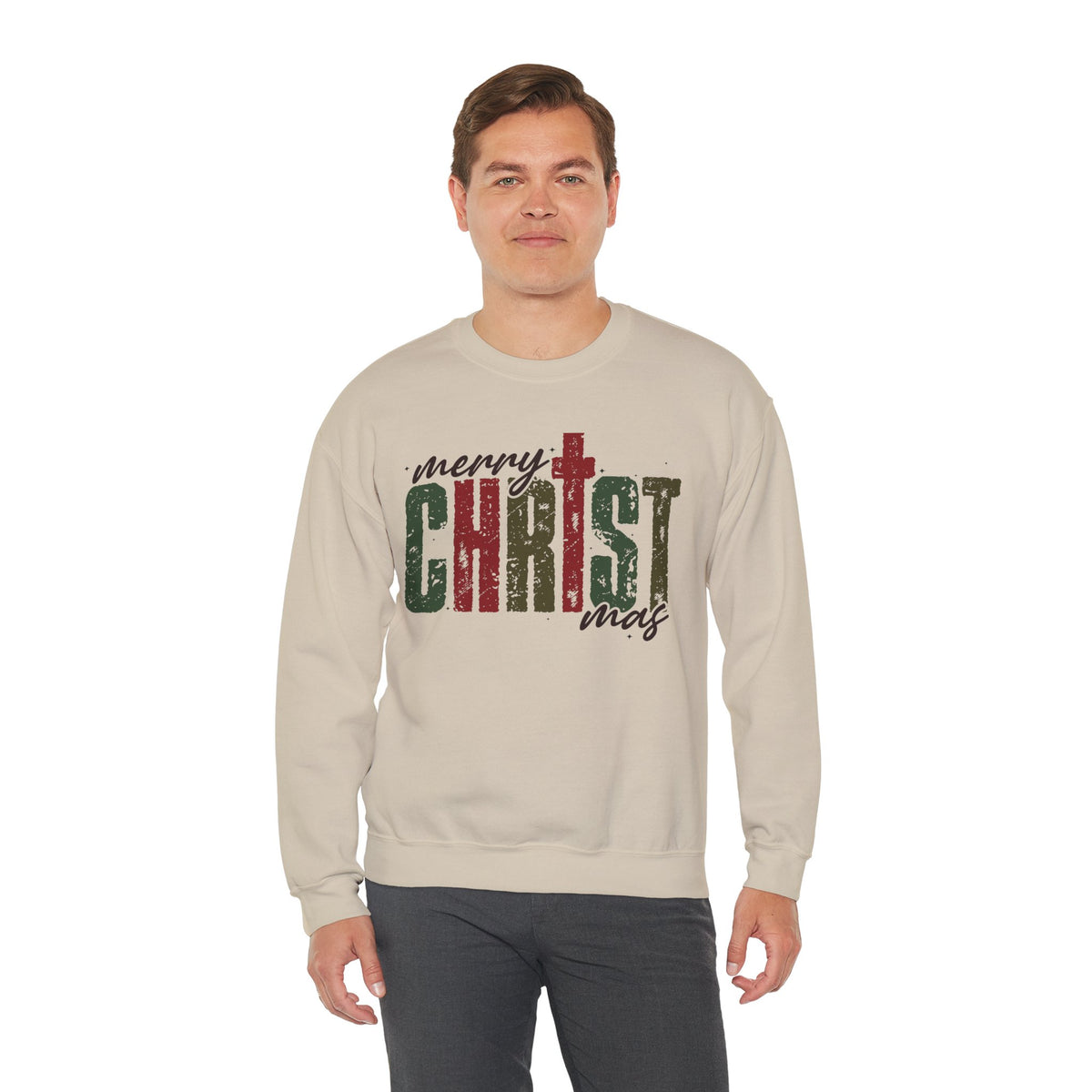 Distressed Merry ChrisTmas Faith Christian – Gildan Heavy Blend | Trendy Women’s Soft Sweatshirt. Direct to Garment. Printed & Shipped in the USA. Unisex Sizes.