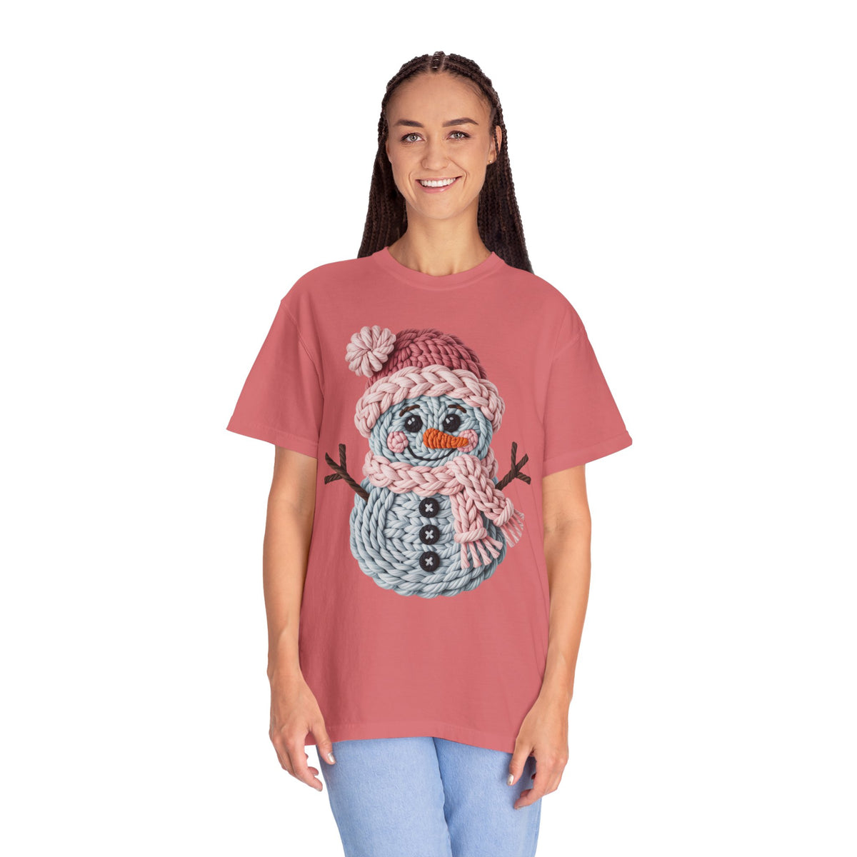 Cute Yarn Snowman - Pink Scarf - Comfort Colors | Trendy Women's T-Shirt. Direct to Garment. Printed & Shipped in the USA. Unisex Sizes.