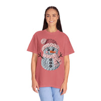 Cute Yarn Snowman - Pink Scarf - Comfort Colors | Trendy Women's T-Shirt. Direct to Garment. Printed & Shipped in the USA. Unisex Sizes.