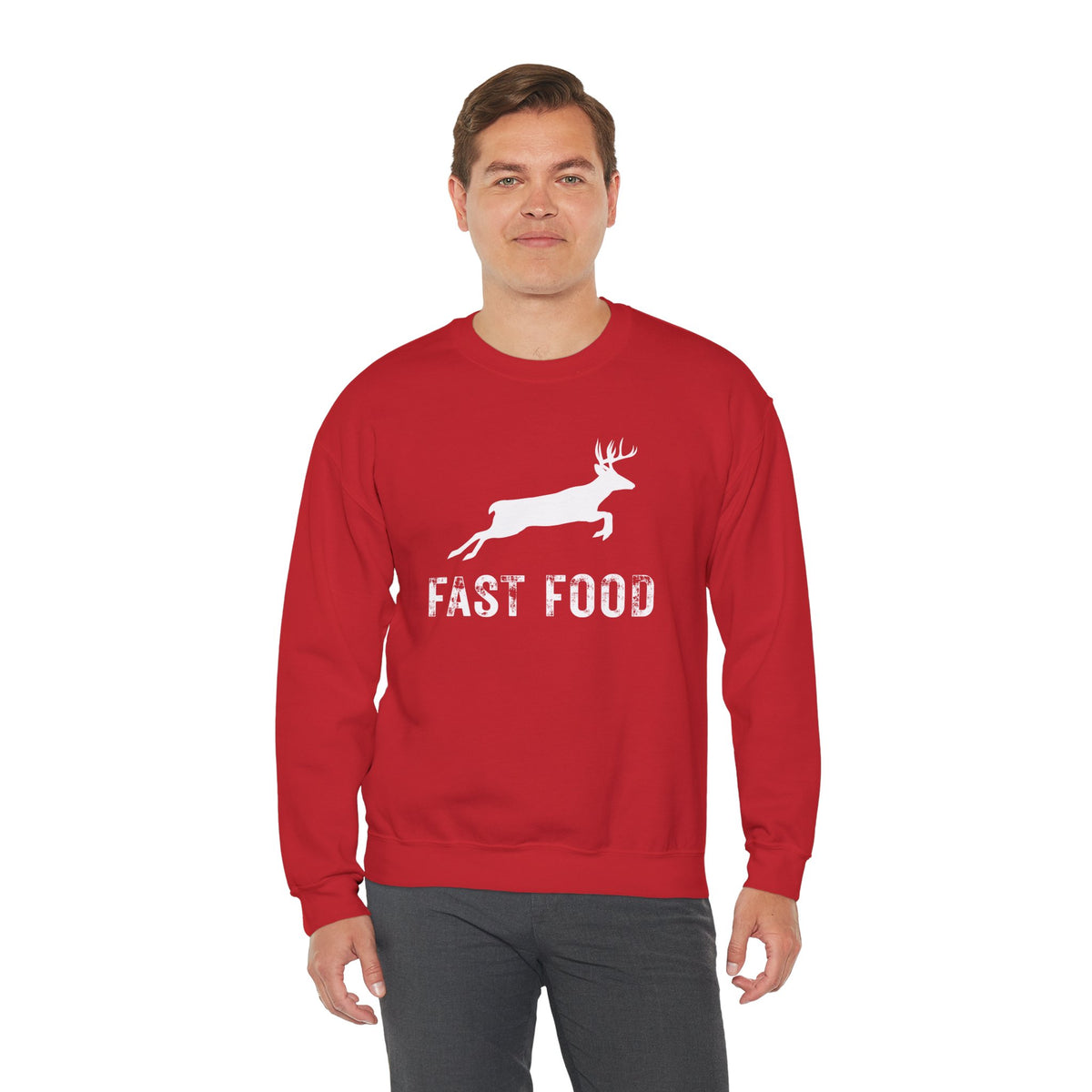 Fast Food Deer Hunting Humor Distressed – Gildan Heavy Blend | Trendy Men's and Women’s Soft Sweatshirt. Direct to Garment. Printed & Shipped in the USA. Unisex Sizes.
