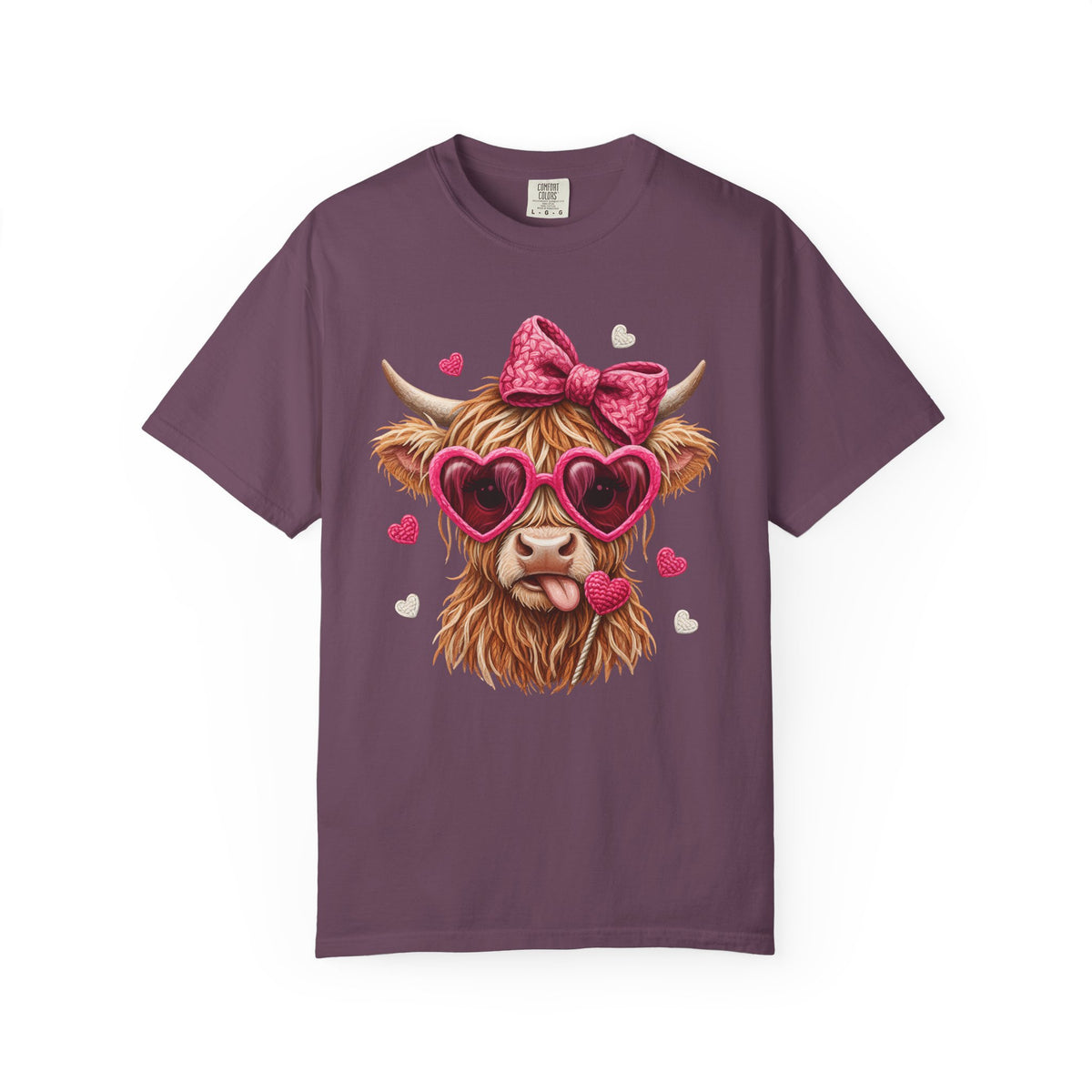 Highland Cow - Pink Heart Shaped Glasses - Comfort Colors | Trendy Women's T-Shirt. Direct to Garment. Printed & Shipped in the USA. Unisex Sizes.