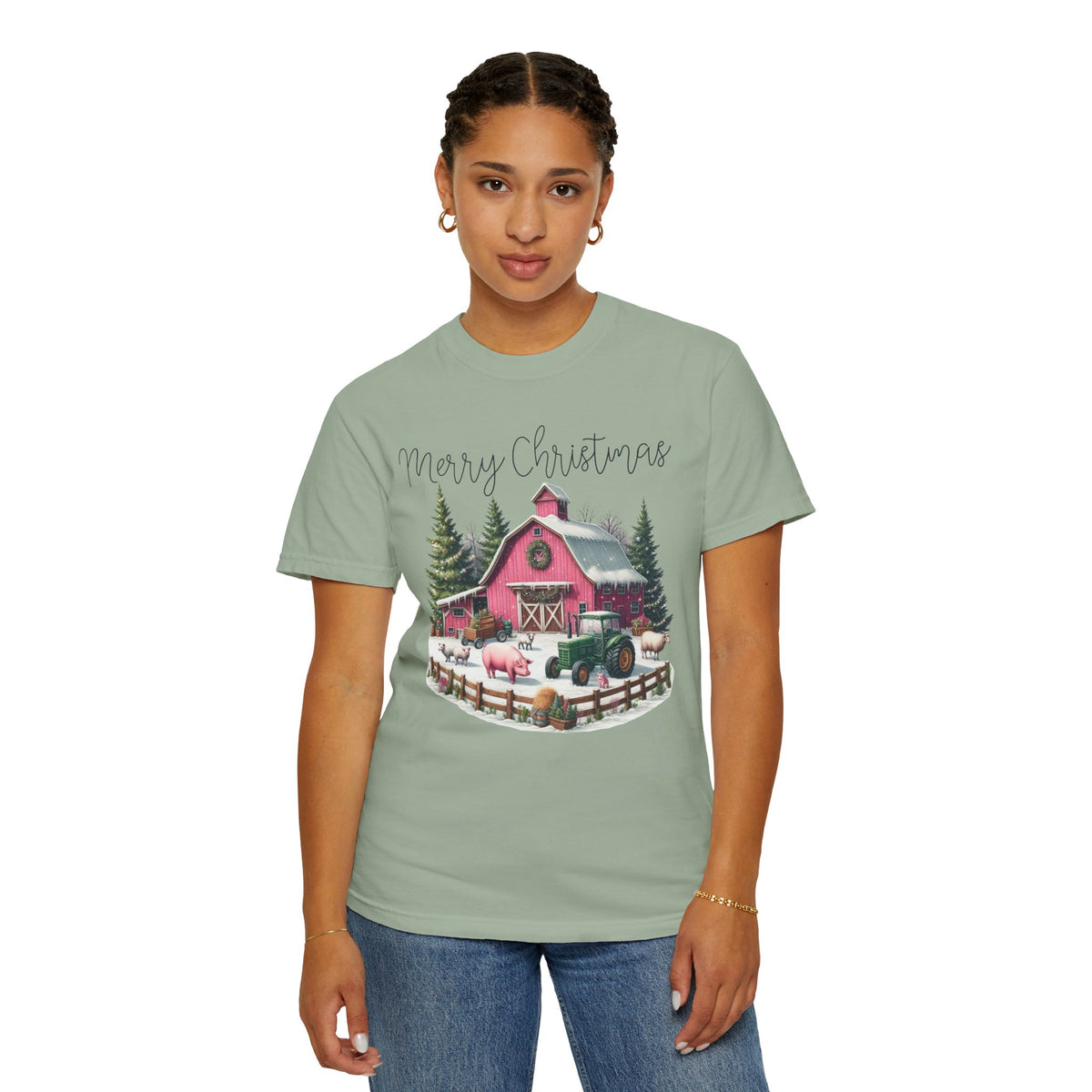 Merry Christmas Pink Barn Farm Animals - Comfort Colors | Trendy Women's T-Shirt. Direct to Garment. Printed & Shipped in the USA. Unisex Sizes.