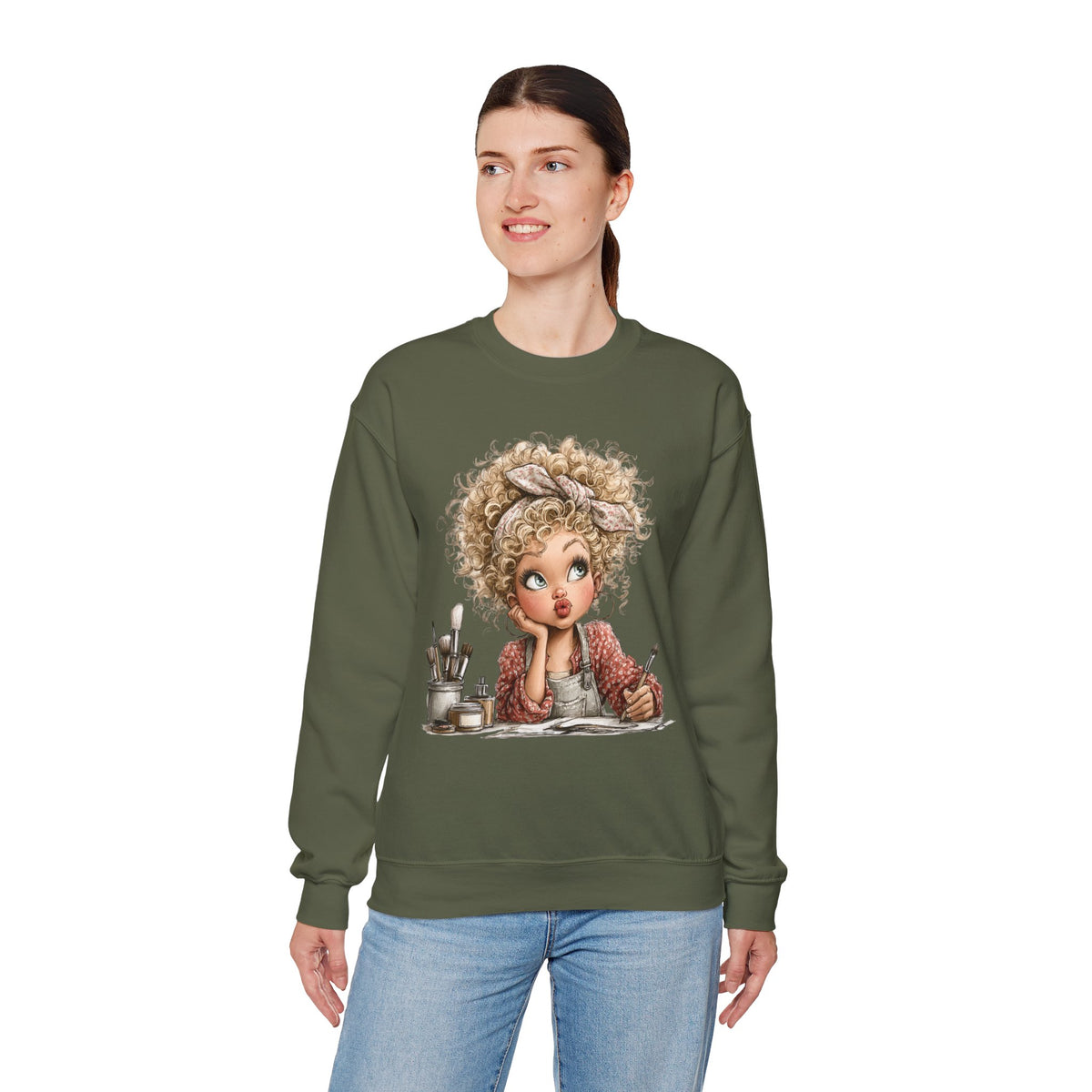 Cute Artist Curly Girl – Gildan Heavy Blend | Trendy Women’s Soft Sweatshirt. Direct to Garment. Printed & Shipped in the USA. Unisex Sizes.