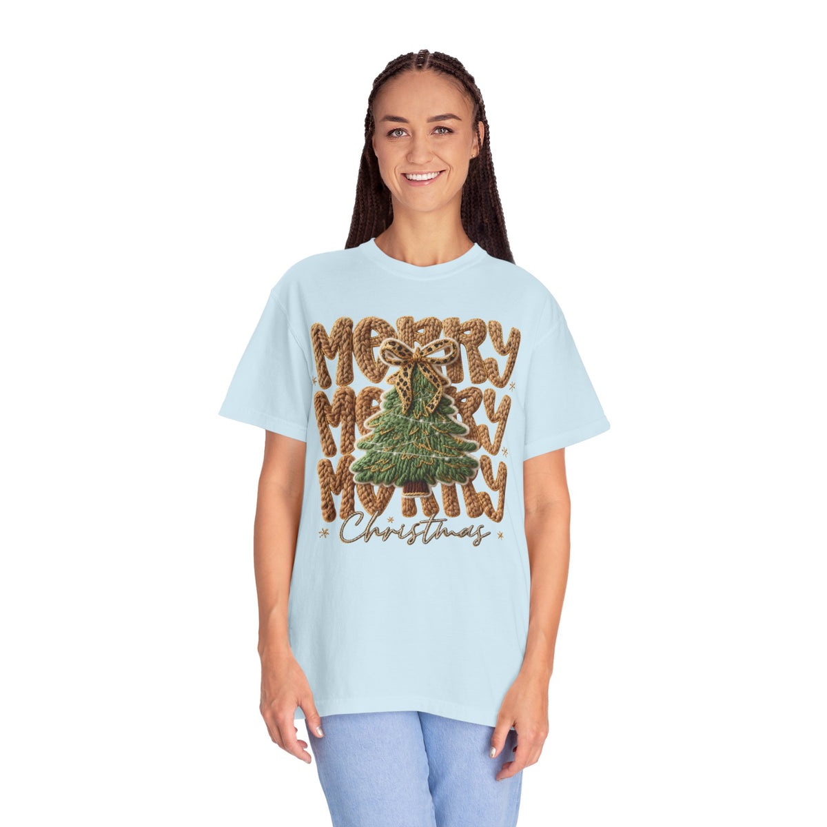 Merry Merry Merry Christmas, Faux Latch Hook Yarn - Comfort Colors | Trendy Women's T-Shirt. Direct to Garment. Printed & Shipped in the USA. Unisex Sizes.