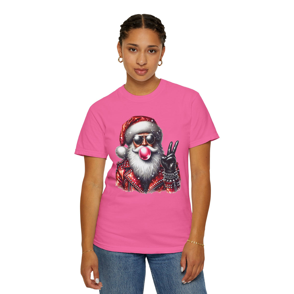 Biker Santa Leather Jacket Bubblegum - Comfort Colors | Trendy Women's and Men's T-Shirt. Direct to Garment. Printed & Shipped in the USA. Unisex Sizes.