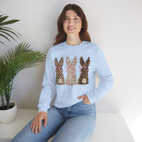 Easter Bunny Trio - Checkered, Floral & Leopard – Gildan Heavy Blend | Trendy Women’s Soft Sweatshirt. Direct to Garment. Printed & Shipped in the USA. Unisex Sizes.