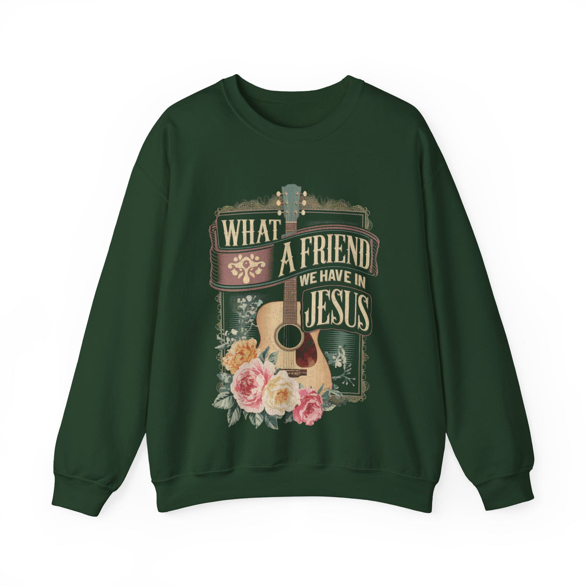 What a Friend We Have in Jesus, Guitar Vintage – Gildan Heavy Blend | Trendy Women’s Soft Sweatshirt. Direct to Garment. Printed & Shipped in the USA. Unisex Sizes.
