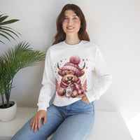 Cozy Highland Cow, Winter Coffee Mug & Scarf Pink – Gildan Heavy Blend | Trendy Women’s Soft Sweatshirt. Direct to Garment. Printed & Shipped in the USA. Unisex Sizes.