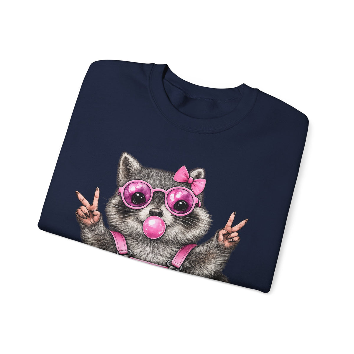 Cute But Feral, Raccoon in Pink Bibs – Gildan Heavy Blend | Trendy Women’s Soft Sweatshirt. Direct to Garment. Printed & Shipped in the USA. Unisex Sizes.