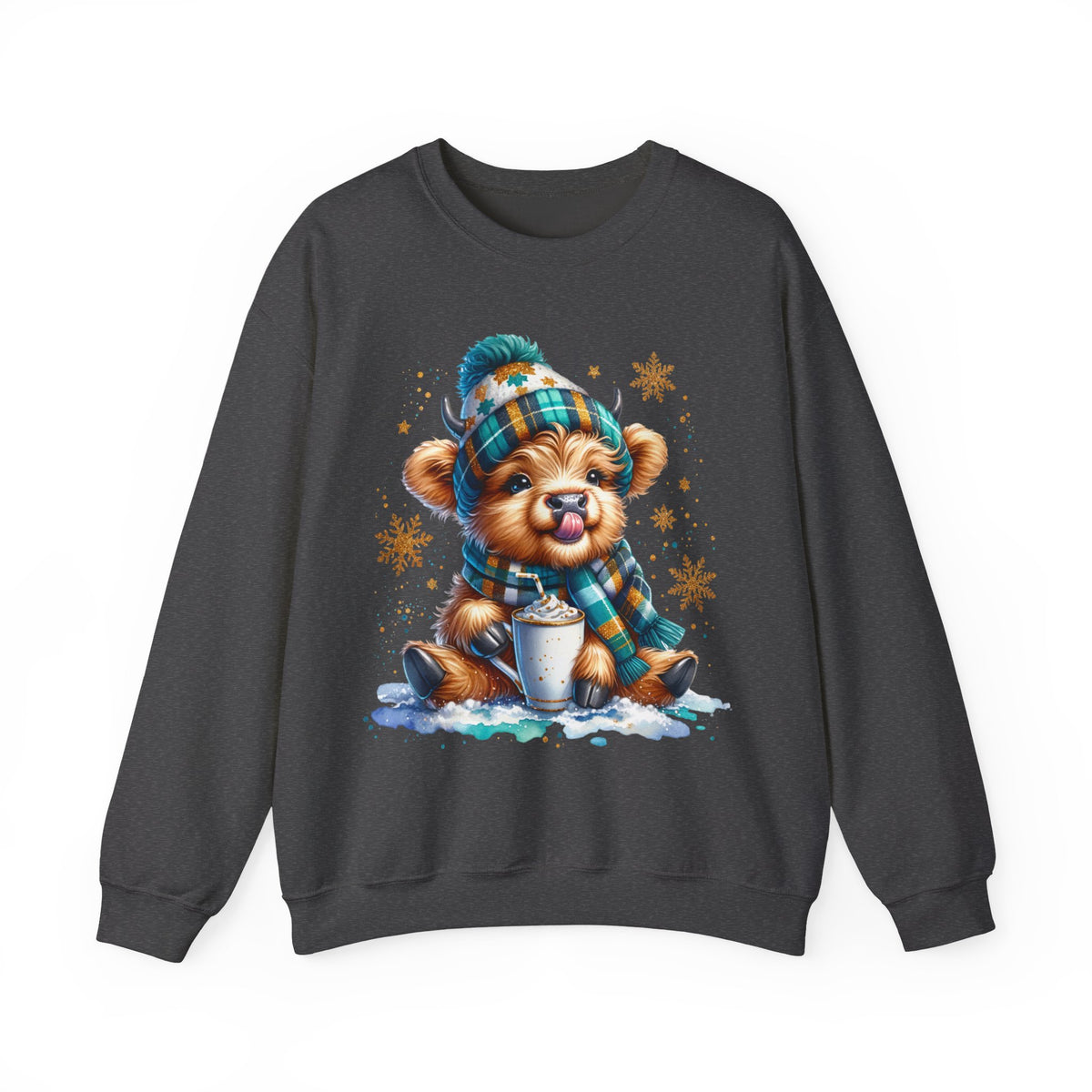 Winter Baby Highland Cow with Cocoa – Gildan Heavy Blend | Trendy Women’s Soft Sweatshirt. Direct to Garment. Printed & Shipped in the USA. Unisex Sizes.