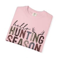 Hello Hunting Season Goodbye Husband Camouflage Wife - Comfort Colors | Trendy Women's T-Shirt. Direct to Garment. Printed & Shipped in the USA. Unisex Sizes.