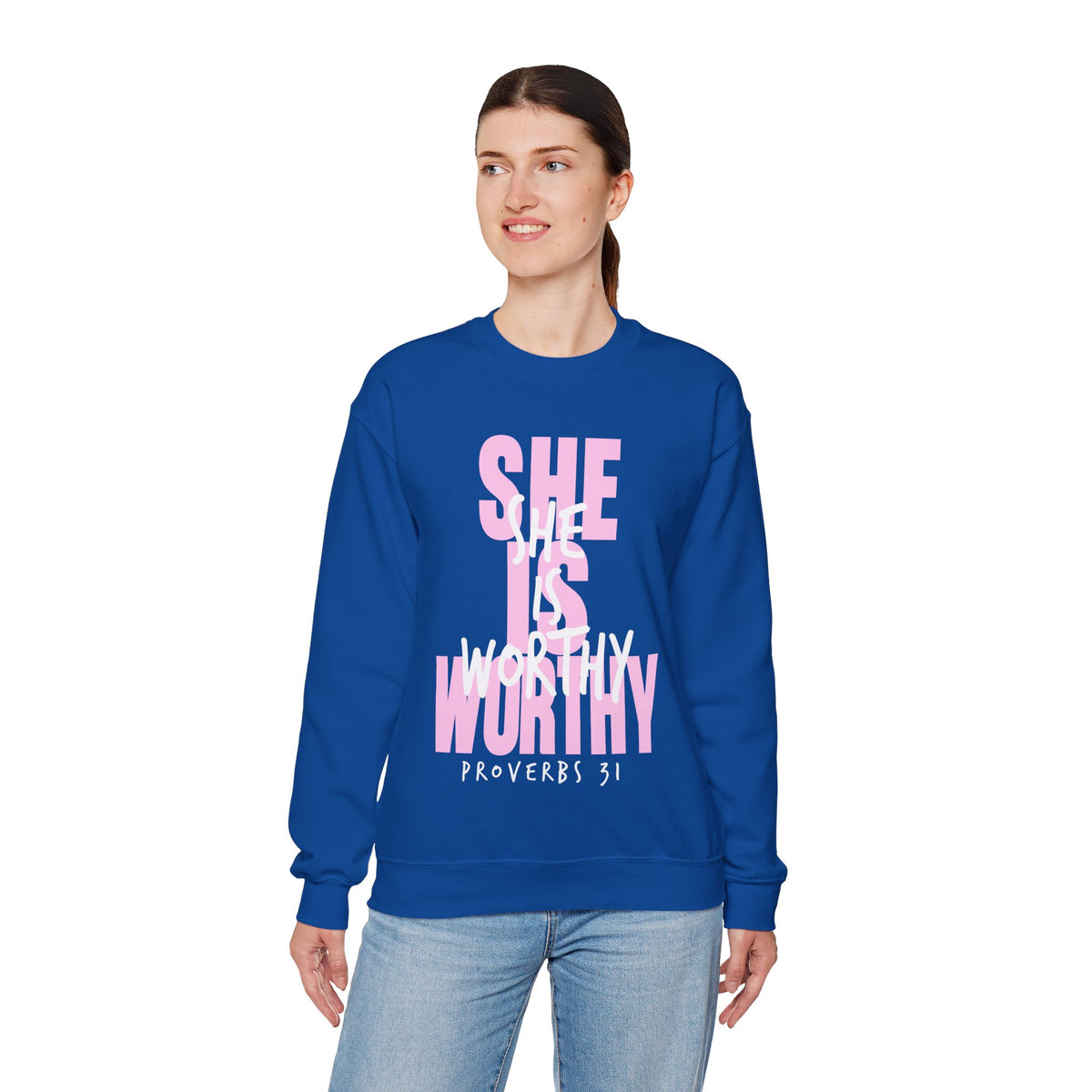 She Is Worthy – Gildan Heavy Blend | Trendy Women’s Soft Sweatshirt. Direct to Garment. Printed & Shipped in the USA. Unisex Sizes.
