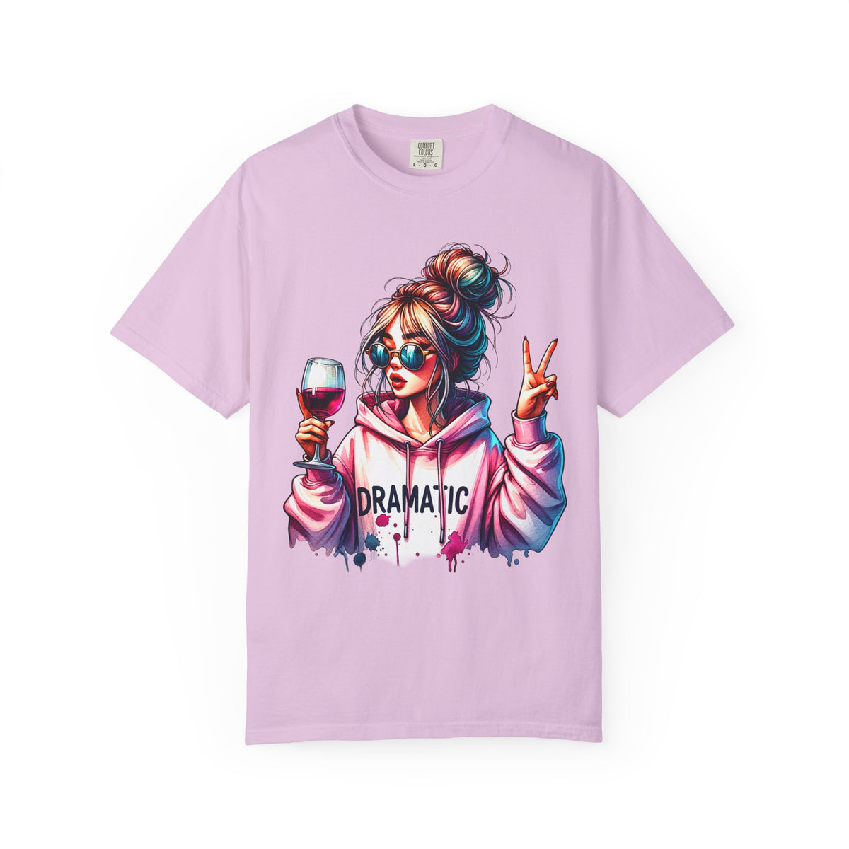 Dramatic Girl With Wine Messy Bun Peace Sign  - Comfort Colors | Trendy Women's T-Shirt. Direct to Garment. Printed & Shipped in the USA. Unisex Sizes.