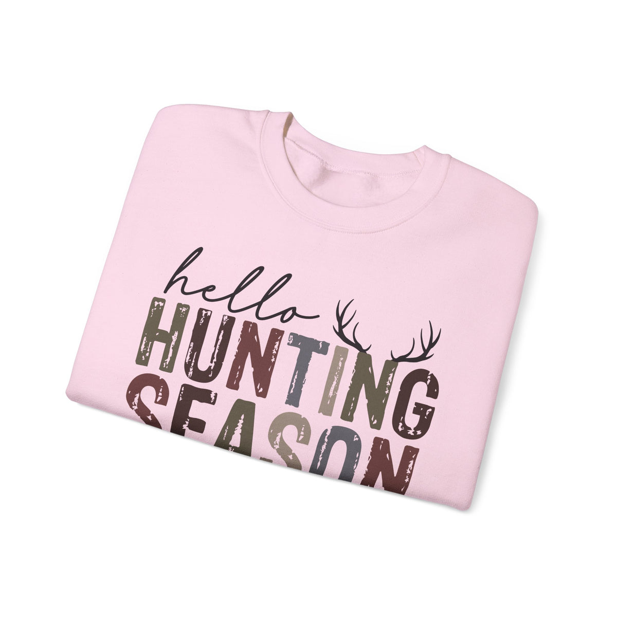 Hello Hunting Season Goodbye Husband Camouflage Wife – Gildan Heavy Blend | Trendy Women’s Soft Sweatshirt. Direct to Garment. Printed & Shipped in the USA. Unisex Sizes.