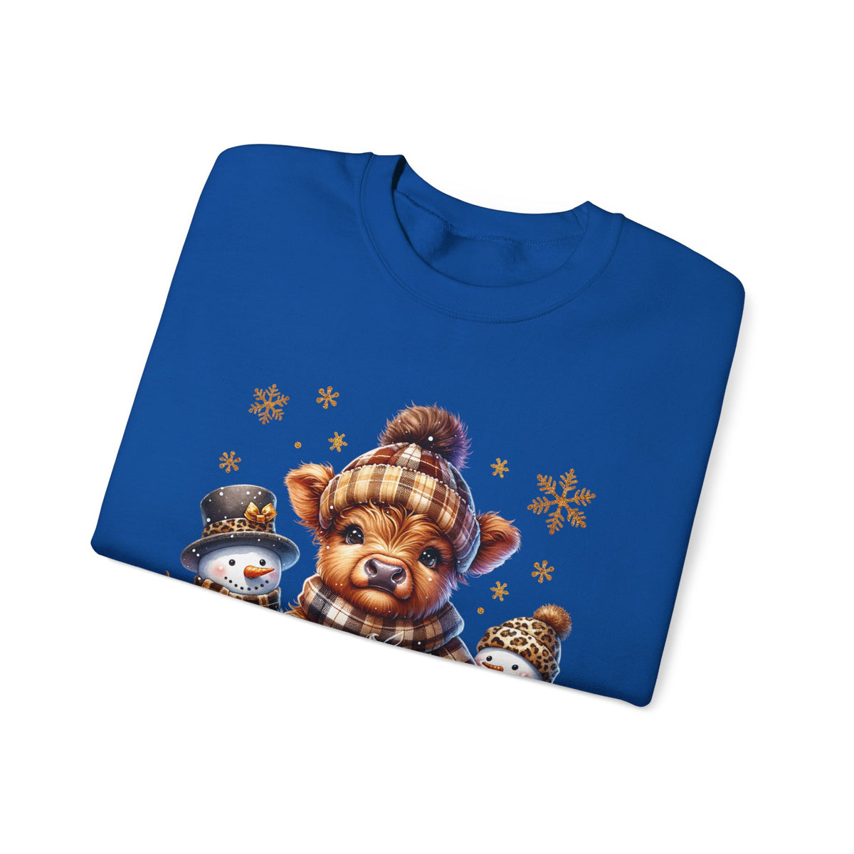 Cute Highland Cow with Snowmen, Winter – Gildan Heavy Blend | Trendy Women’s Soft Sweatshirt. Direct to Garment. Printed & Shipped in the USA. Unisex Sizes.