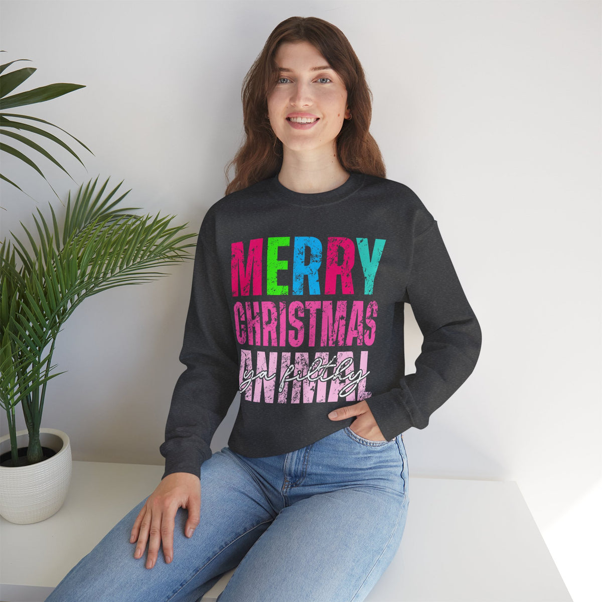 Merry Christmas Ya Filthy Animal – Gildan Heavy Blend | Trendy Women’s Soft Sweatshirt. Direct to Garment. Printed & Shipped in the USA. Unisex Sizes.