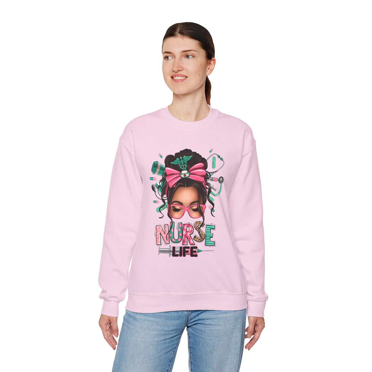Nurse Life Messy Bun, Cute Stethescope & Syringe – Gildan Heavy Blend | Trendy Women’s Soft Sweatshirt. Direct to Garment. Printed & Shipped in the USA. Unisex Sizes.