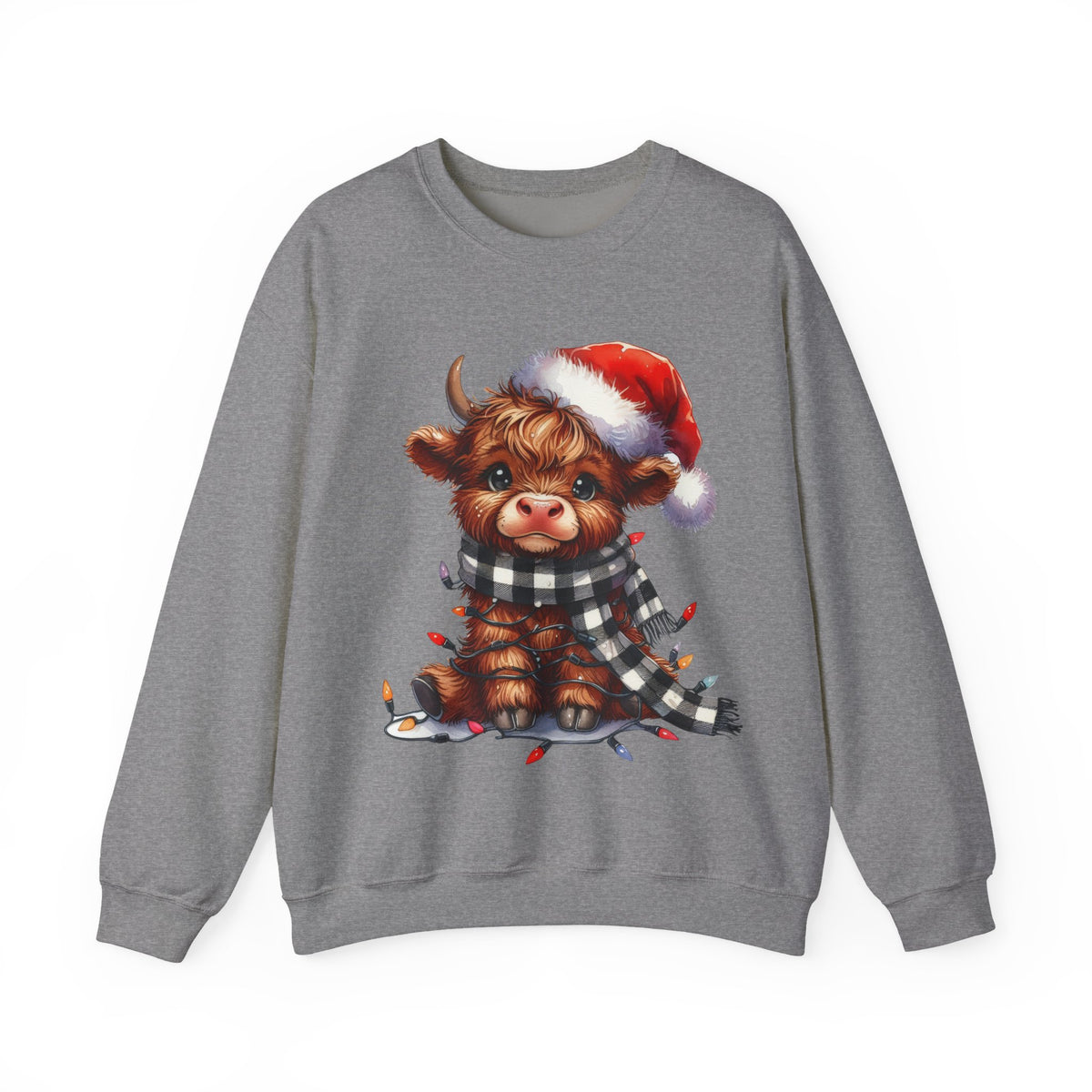 Cute Highland Cow Santa Hat Scarf Christmas Lights – Gildan Heavy Blend | Trendy Women’s Soft Sweatshirt. Direct to Garment. Printed & Shipped in the USA. Unisex Sizes.