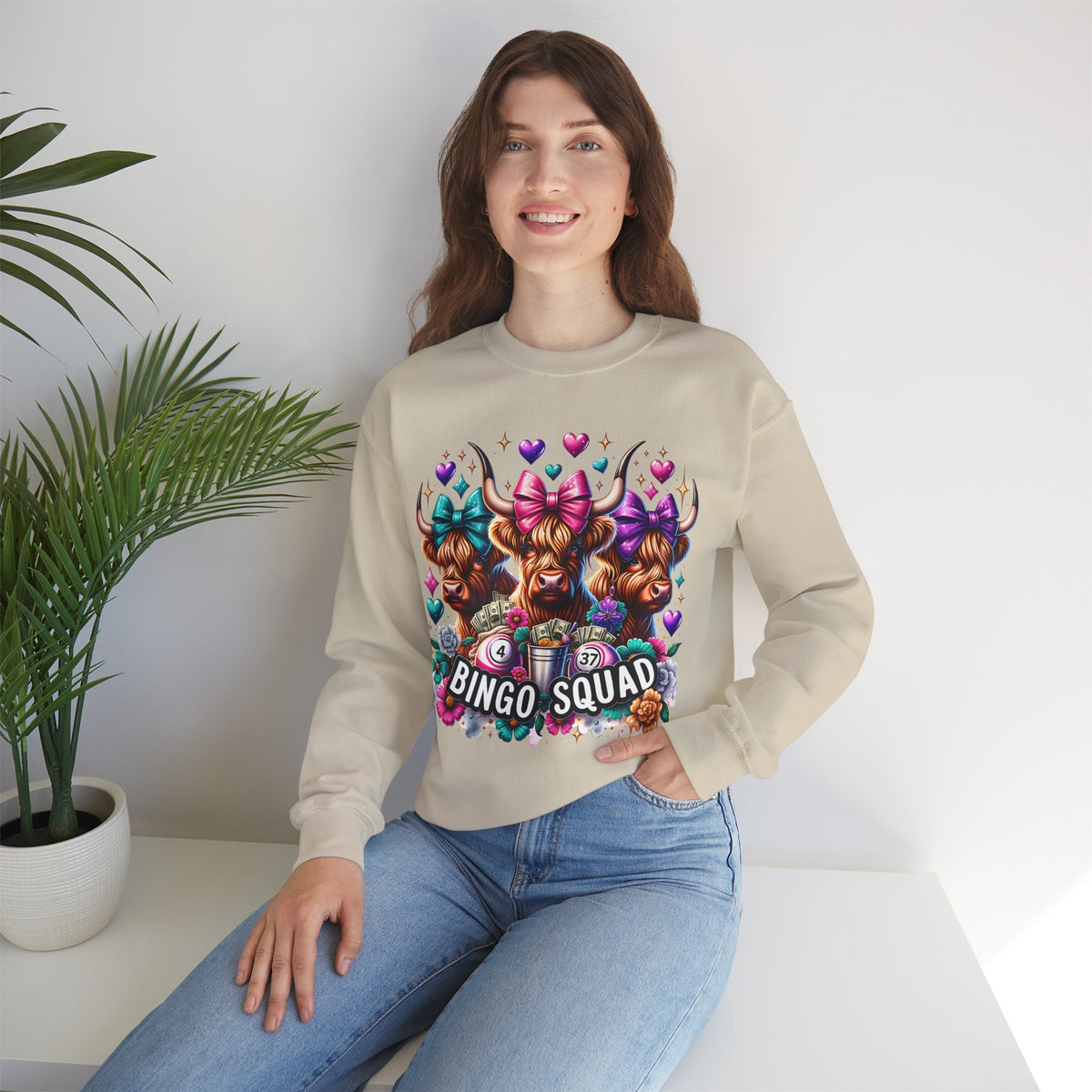 Cute Highland Cows Bingo Squad – Gildan Heavy Blend | Trendy Women’s Soft Sweatshirt. Direct to Garment. Printed & Shipped in the USA. Unisex Sizes.