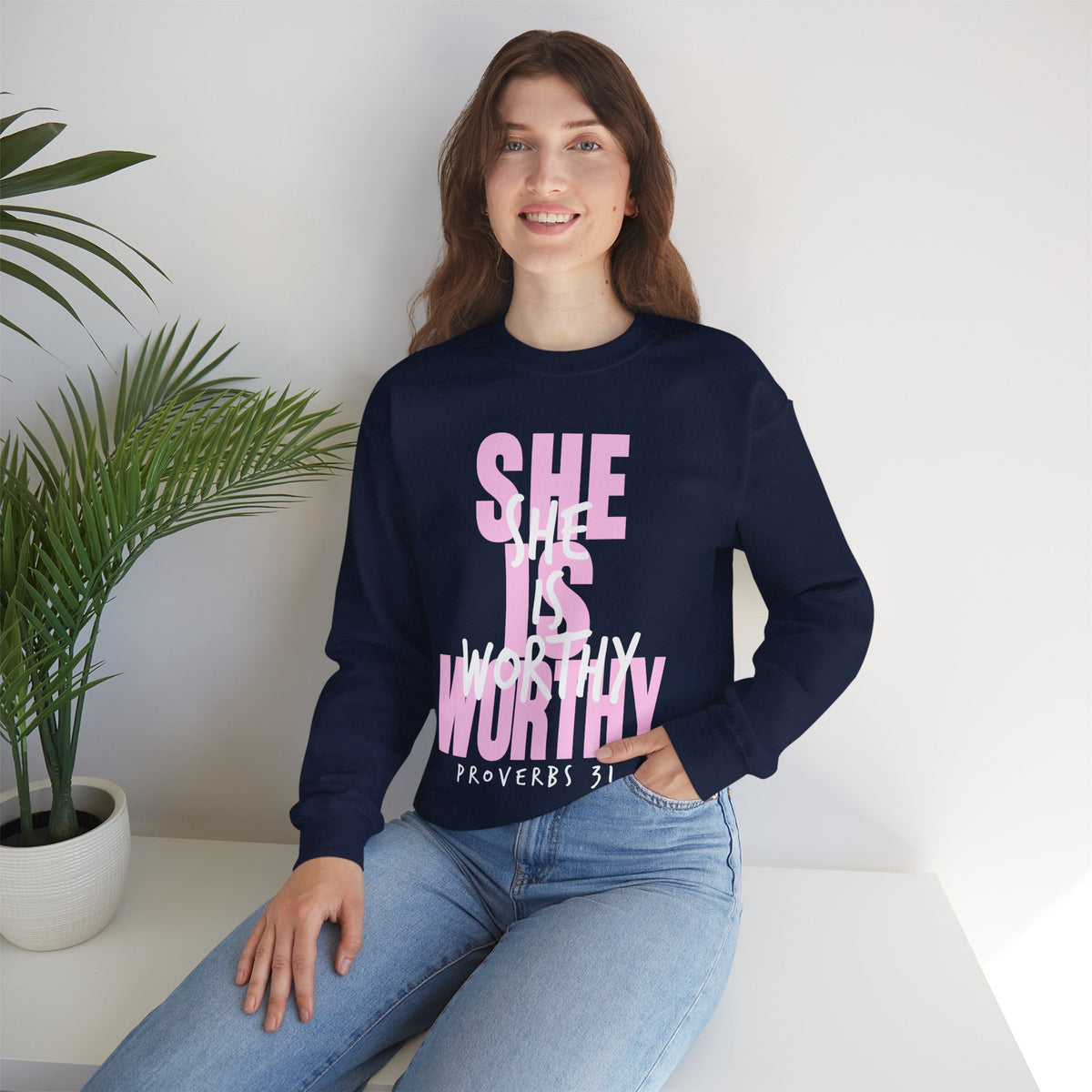 She Is Worthy – Gildan Heavy Blend | Trendy Women’s Soft Sweatshirt. Direct to Garment. Printed & Shipped in the USA. Unisex Sizes.