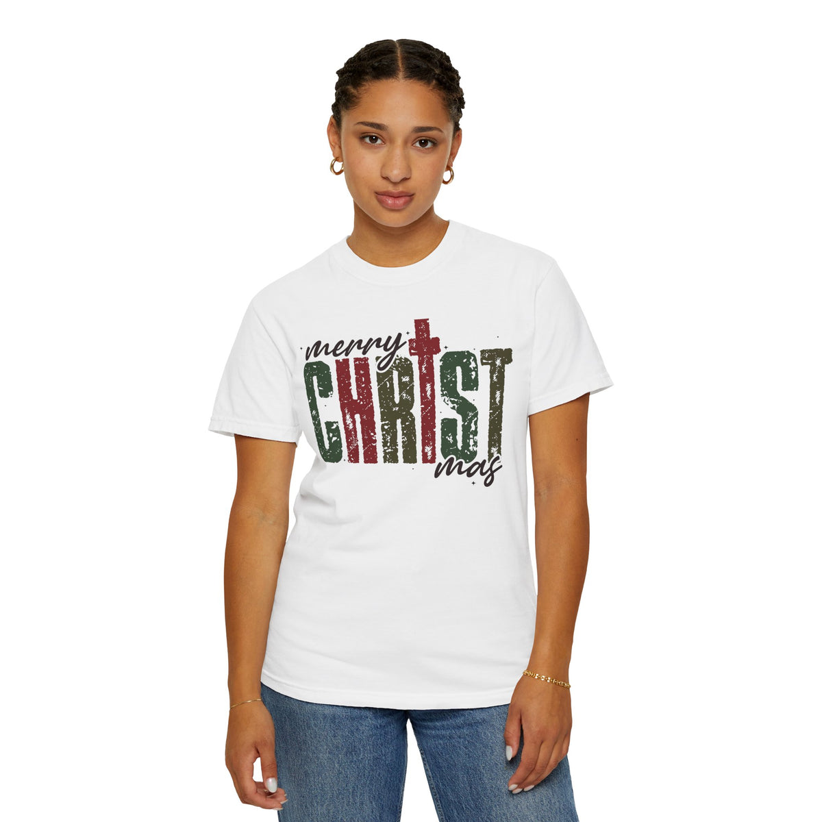 Distressed Merry ChrisTmas Faith - Comfort Colors | Trendy Men's and Women's T-Shirt. Direct to Garment. Printed & Shipped in the USA. Unisex Sizes.