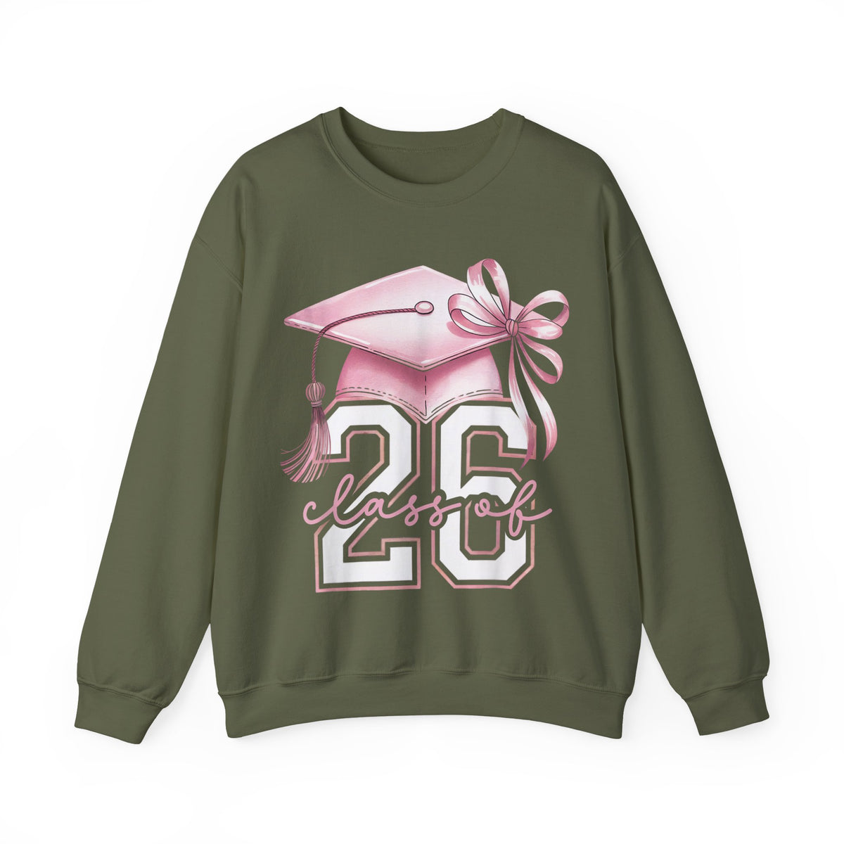 Pink Coquette, Class of 2026 Graduation Cap – Gildan Heavy Blend | Trendy Women’s Soft Sweatshirt. Direct to Garment. Printed & Shipped in the USA. Unisex Sizes.