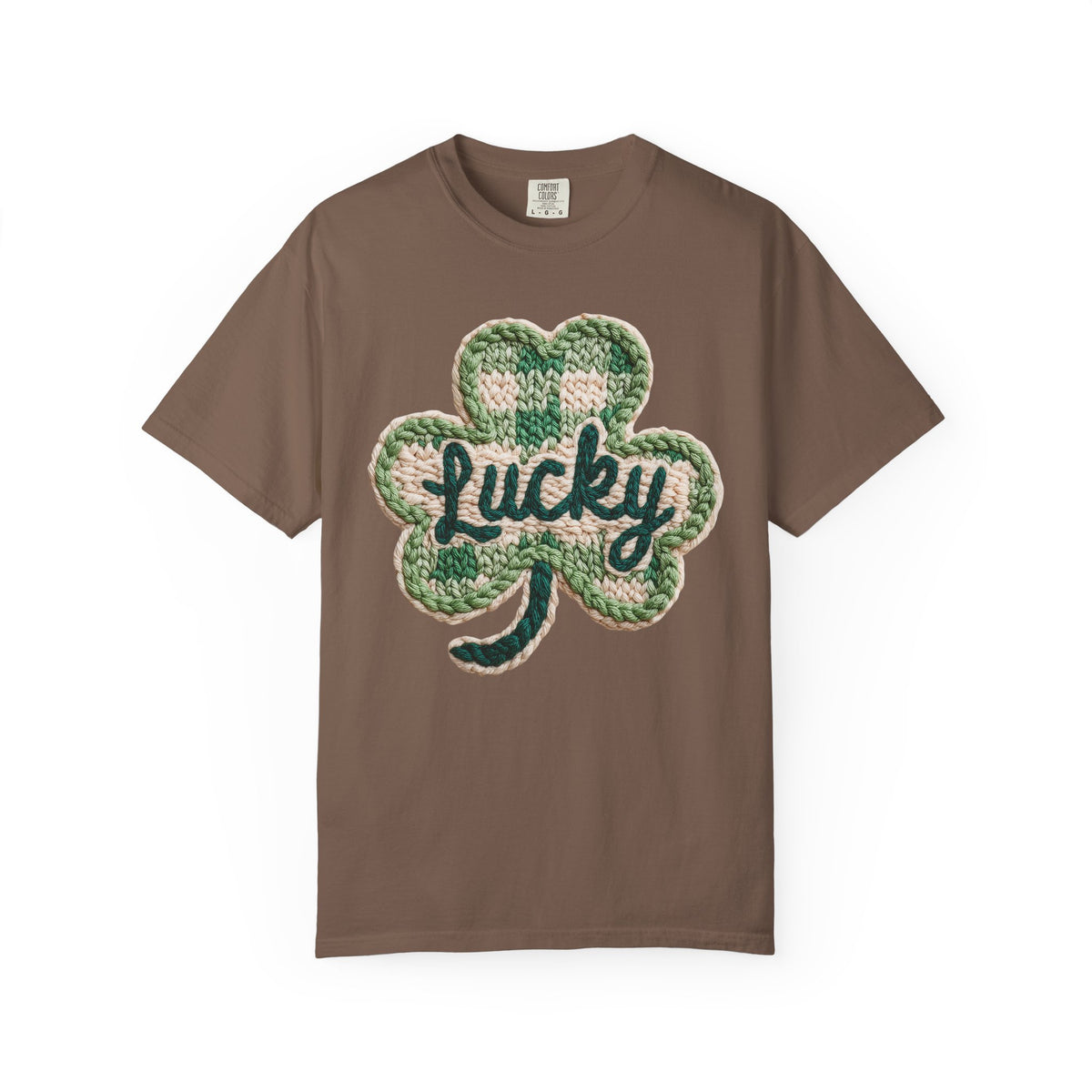 Lucky Shamrock Faux Knit - Comfort Colors | Trendy Men's and Women's T-Shirt. Direct to Garment. Printed & Shipped in the USA. Unisex Sizes.