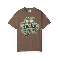 Lucky Shamrock Faux Knit - Comfort Colors | Trendy Men's and Women's T-Shirt. Direct to Garment. Printed & Shipped in the USA. Unisex Sizes.
